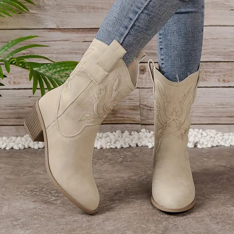 Victoria’s Western Embroidered Suede-Look Mid-Calf Boots