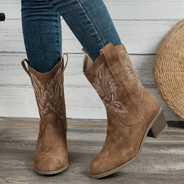 Victoria’s Western Embroidered Suede-Look Mid-Calf Boots