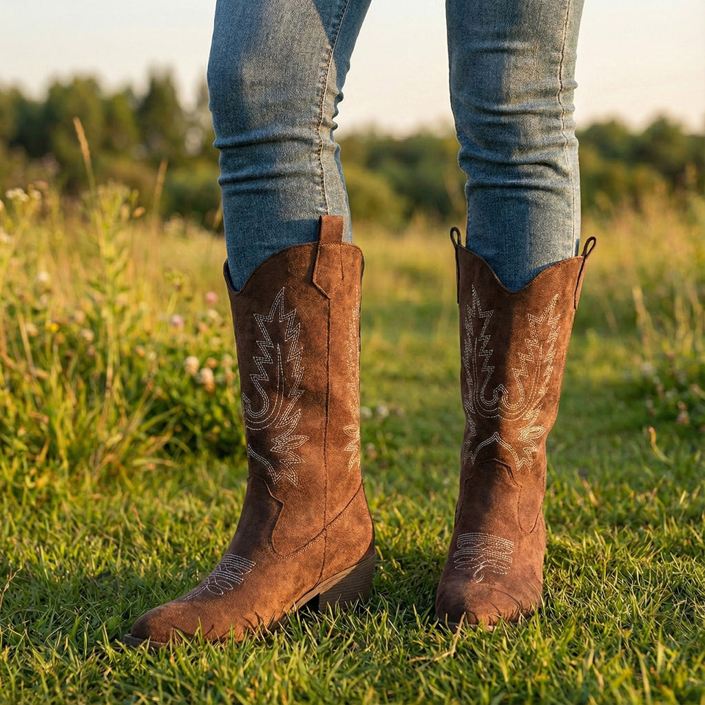 Victoria’s Flora Brown Embroidered Western Boots