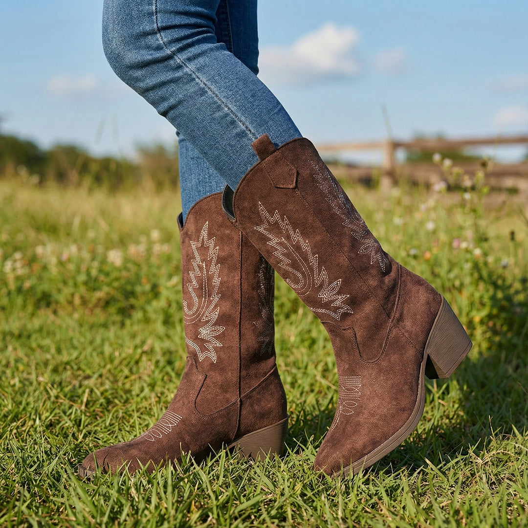 Victoria’s Flora Brown Embroidered Western Boots