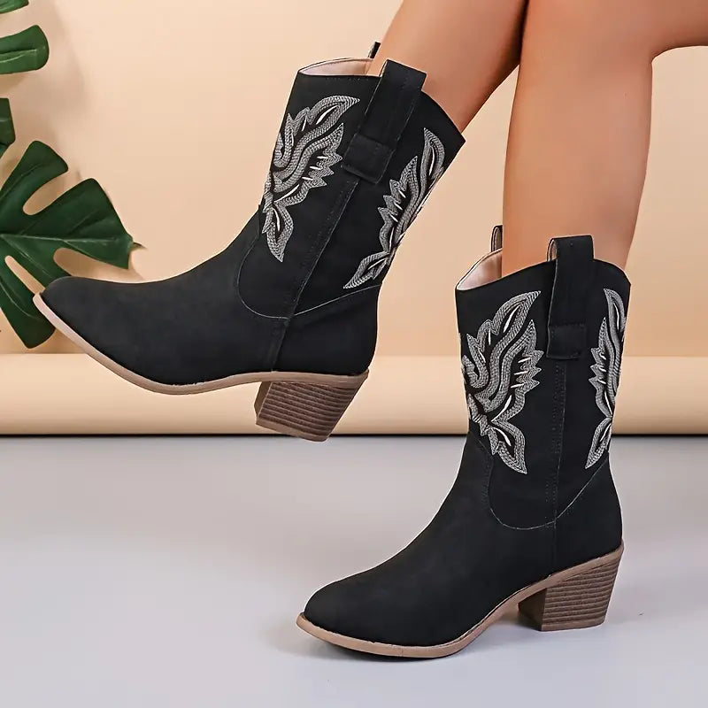 Victoria’s Western Embroidered Suede-Look Mid-Calf Boots